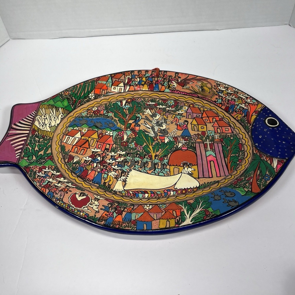 Vintage Mexican Folk Art Fish Platter Wedding Scene Hand Painted Pottery 14"